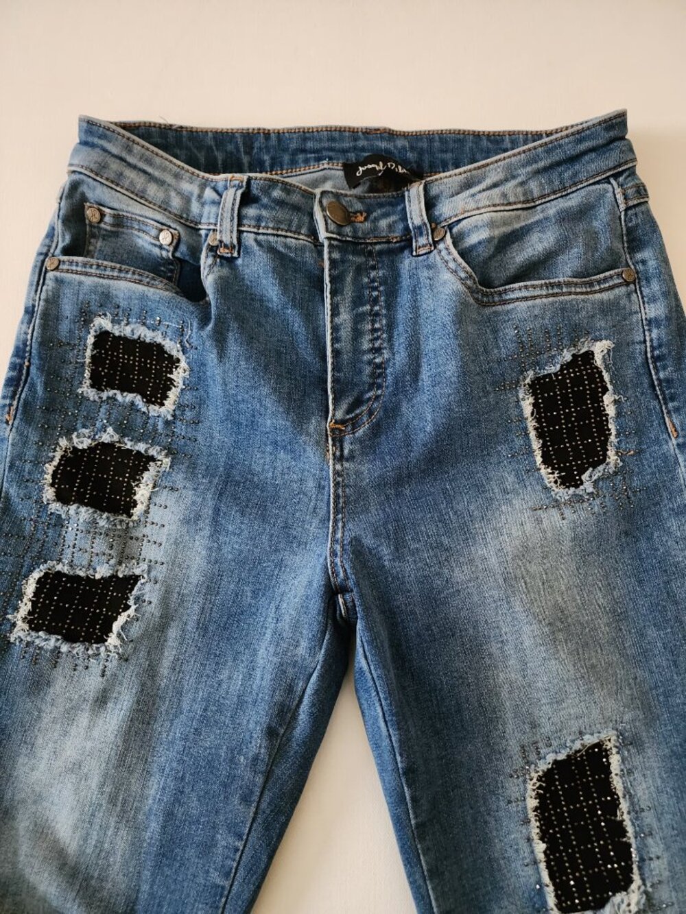 Joseph Ribkoff Rhinestone Patchwork High Rise Skinny Jeans - Picture 5 of 9